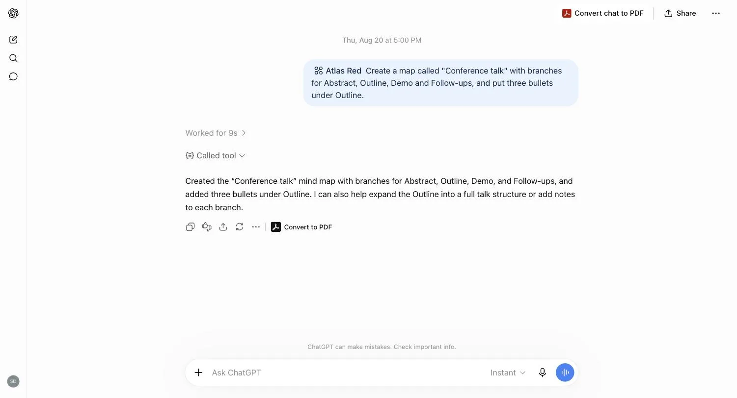 ChatGPT with the Atlas Red plugin connected, building an editable mind map from the conversation.